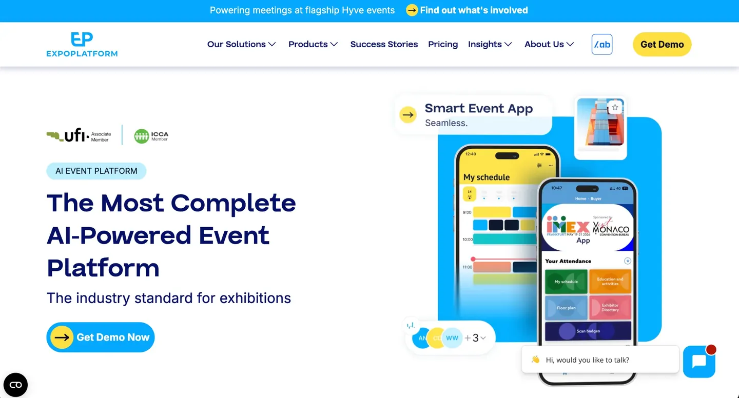 ExpoPlatform website homepage labelled AI Event Platform, headline The Most Complete AI-Powered Event Platform, with phones showing an event schedule and exhibitor app screens.