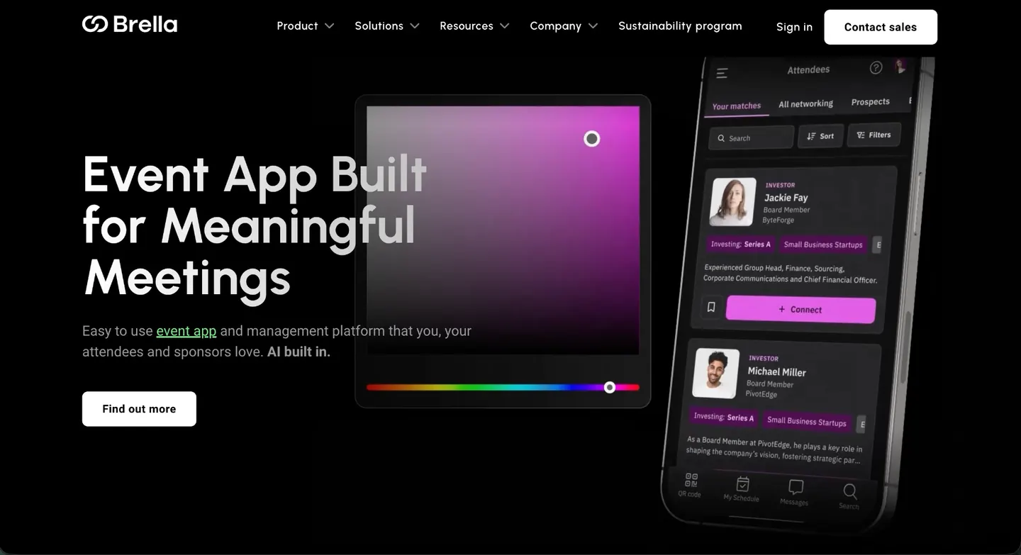 Brella website homepage on a black background, headline Event App Built for Meaningful Meetings next to a phone showing the attendee matches list with Connect buttons.