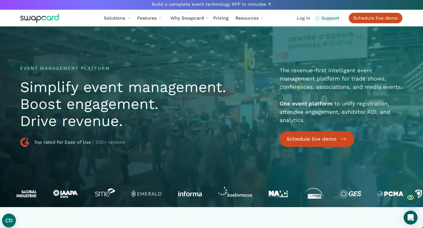 Swapcard website homepage with the headline Simplify event management, Boost engagement, Drive revenue over a trade show hall photo, plus a row of event organizer logos.