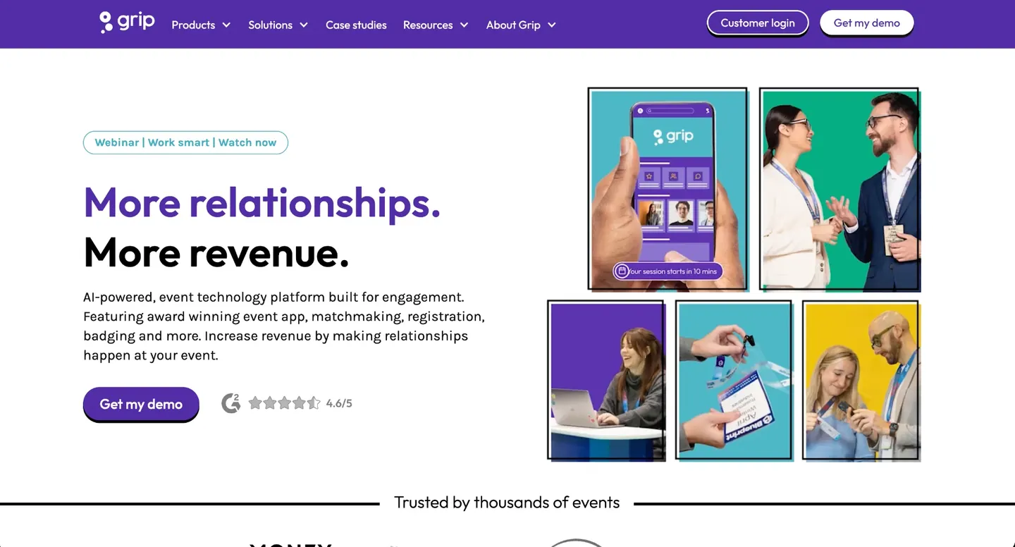 Grip website homepage with the headline More relationships. More revenue. and a photo grid showing the event app on a phone and attendees networking with badges.