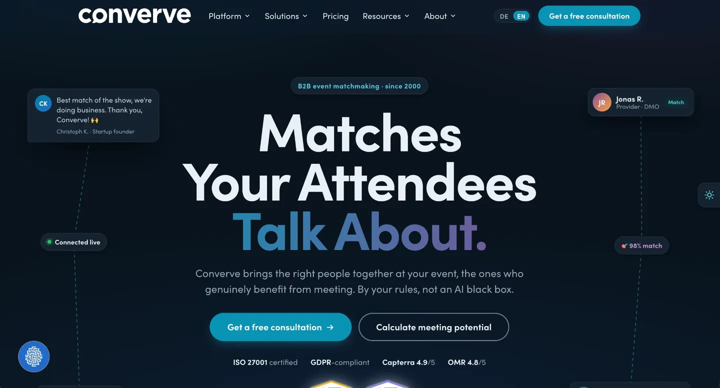 Converve website homepage in dark mode, headline Matches Your Attendees Talk About with match cards, a 98 percent match badge and ISO 27001 and GDPR compliance notes.
