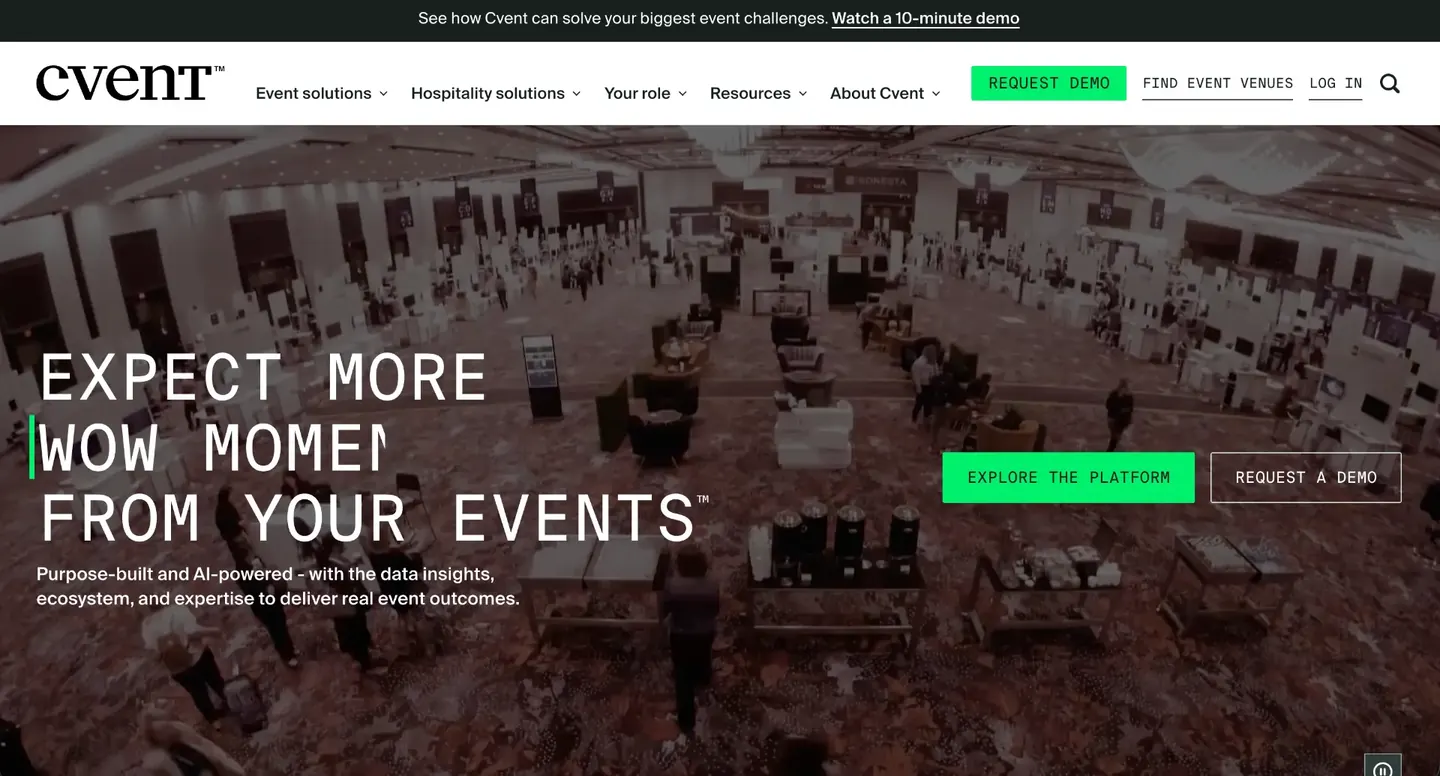 Cvent website homepage with the headline Expect more wow moments from your events over an aerial photo of a large conference exhibition floor.