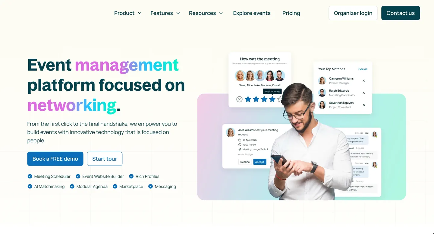b2match website homepage with the headline Event management platform focused on networking and screens showing top matches, a meeting request and meeting feedback.