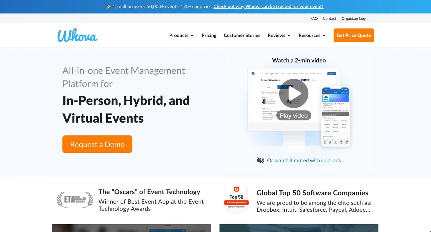 Whova website homepage, All-in-one Event Management Platform for In-Person, Hybrid and Virtual Events, with a video preview of the event schedule on desktop and mobile.