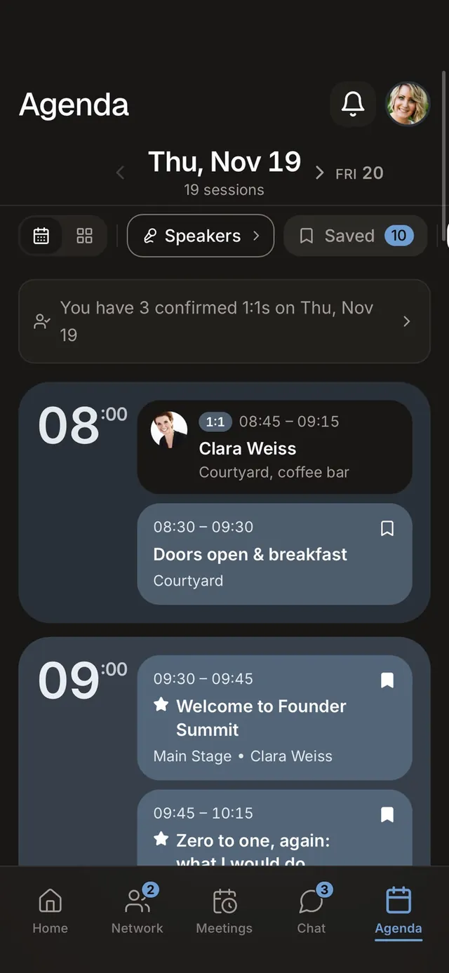 Agenda with sessions, rooms and confirmed 1:1 meetings