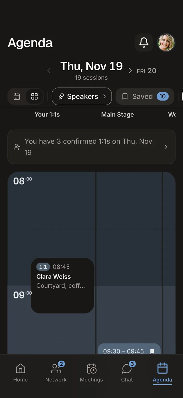 Agenda in the grid view with parallel sessions per stage