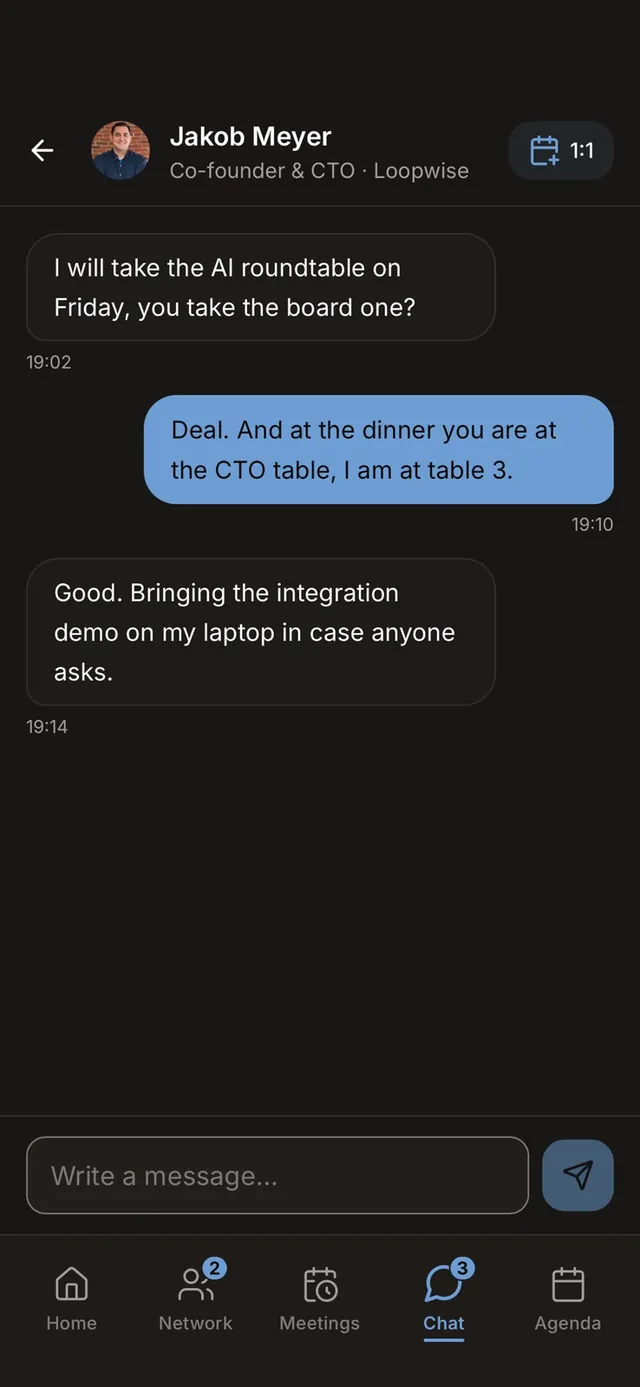 Private chat between two attendees arranging a meeting