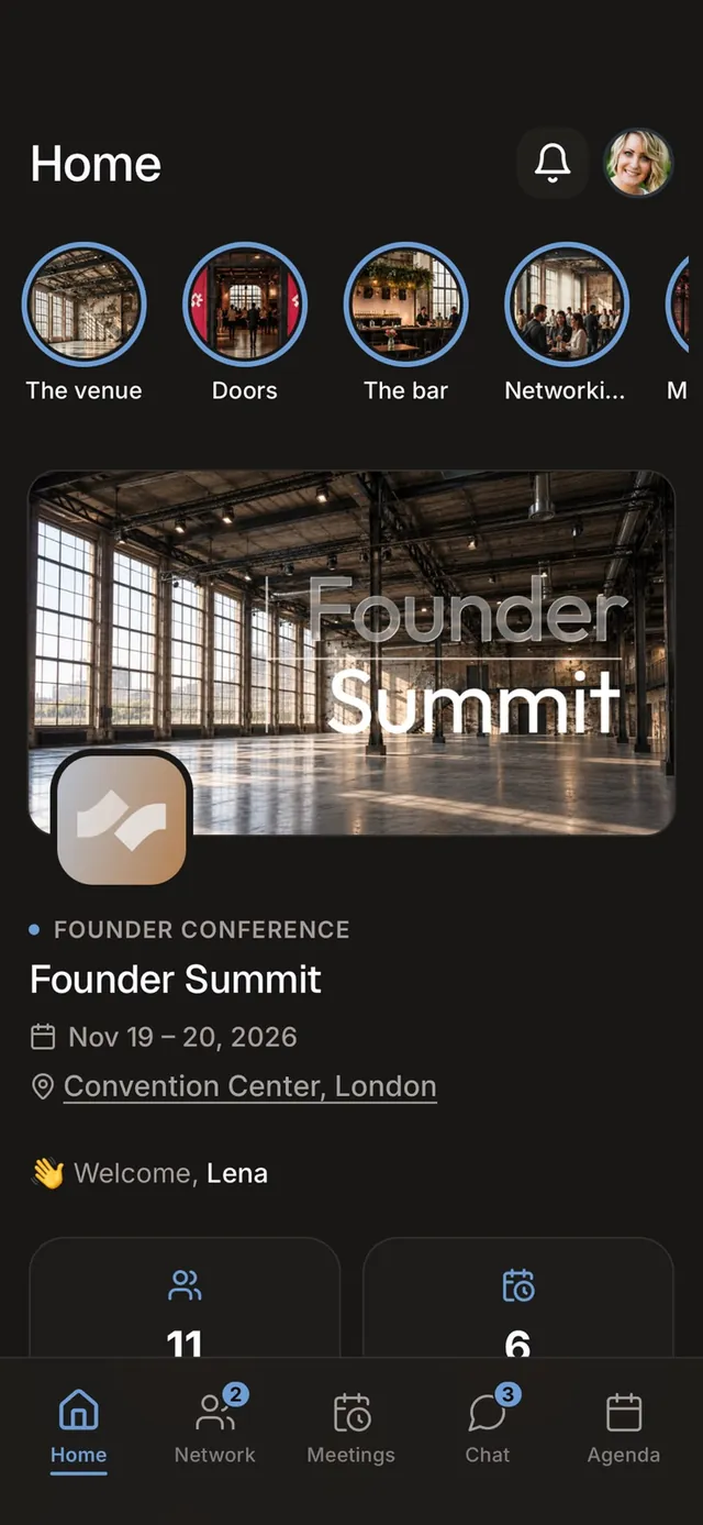 Event home screen with the welcome broadcast and quick links