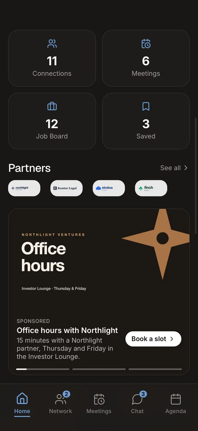Event home screen with a sponsored story and partner placements