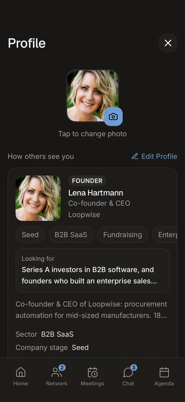 Attendee profile with role, company, interests and what they are looking for